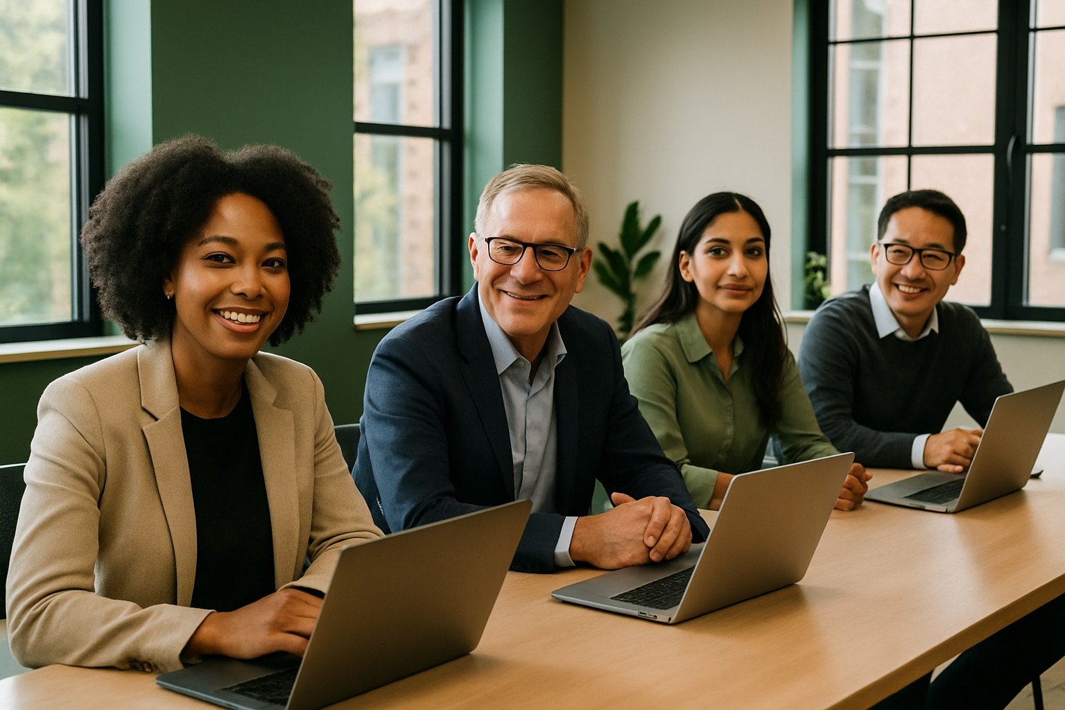Corporate professionals collaborating in a workplace training session