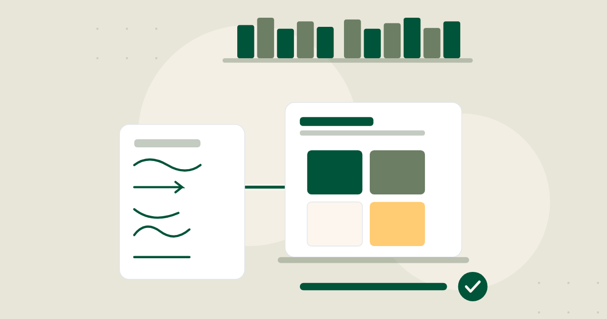 An illustration: library books, framework sketches in a notebook and a strategy matrix filling on a laptop