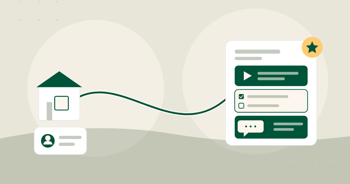 An illustration: a rural home connects to an online course that gains video, quiz and discussion panels