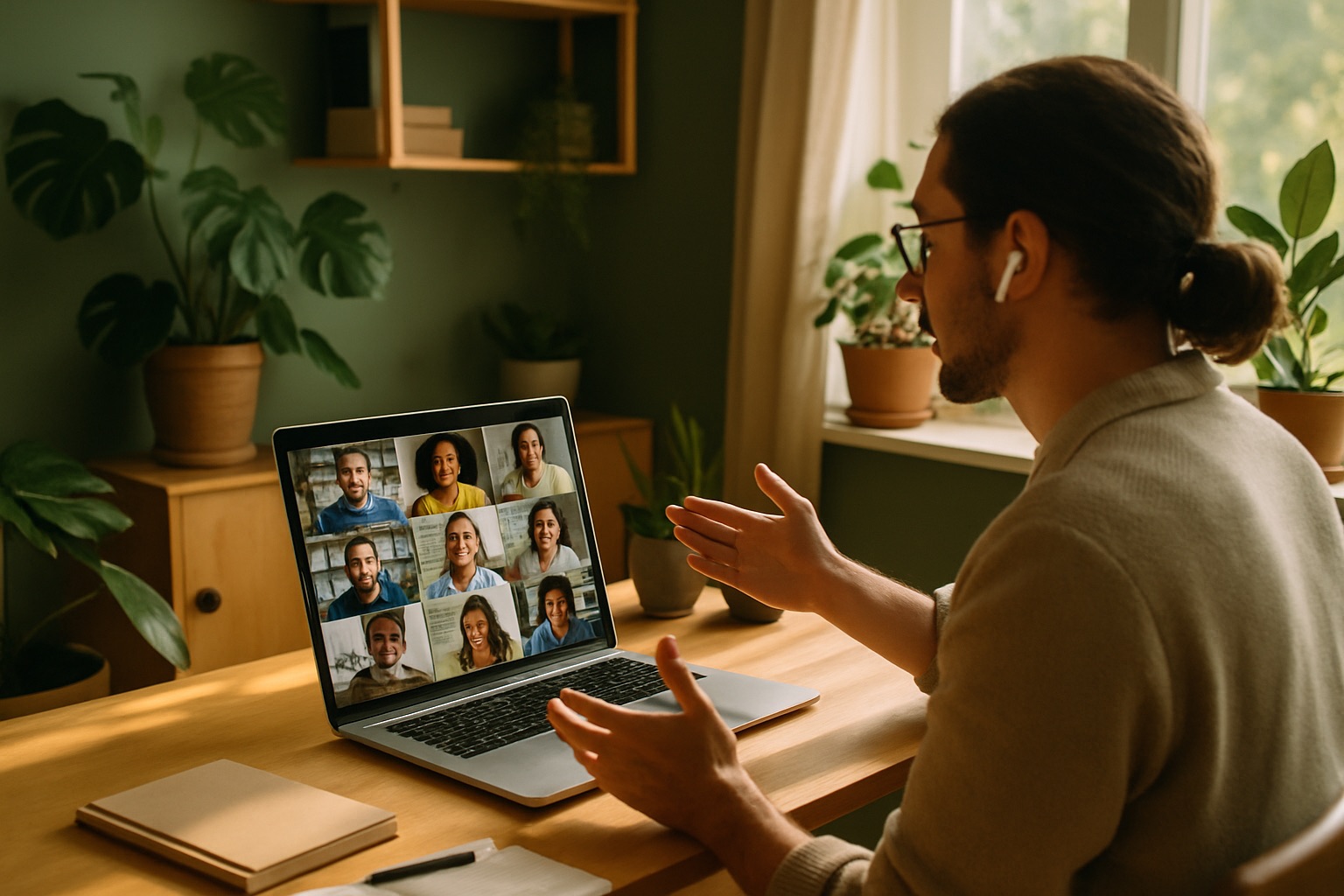 A facilitator teaching a group of learners on a video call